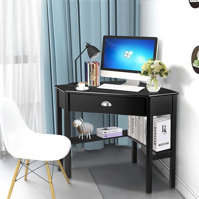 Nightcore Corner Desk for Small Space, Wood Corner Computer Desk, Compact Writing Table w/Drawer & Storage Shelves, Space Saving Study Workstation, Laptop PC Corner Table for Home Office