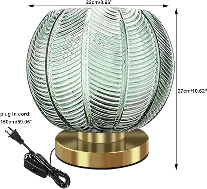 Gold Mid Century Modern Table Lamp with Green Ribbed Glass Shade - Nightstand, Desk, Bedside, Living Room, Office
