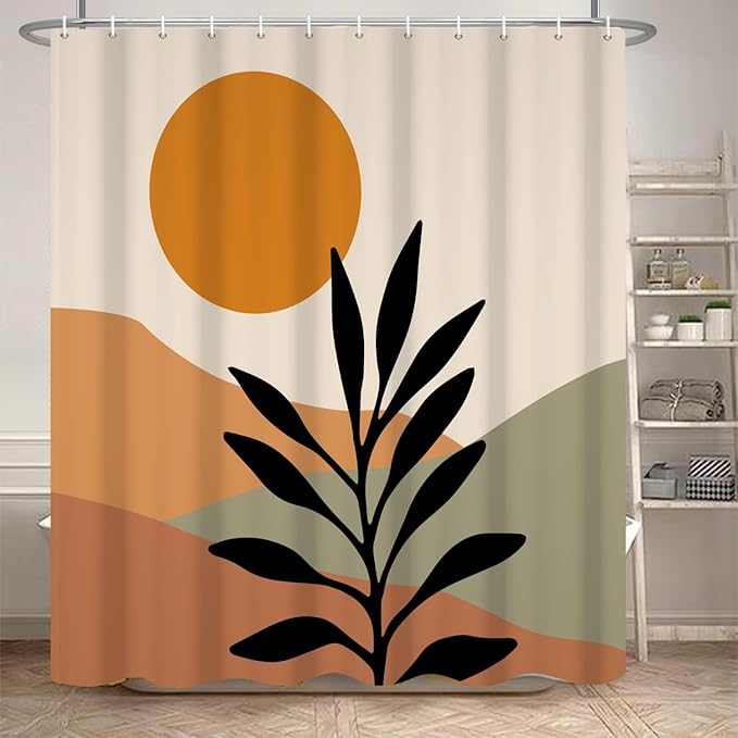 Bohemian Bathroom Shower Curtain with Hooks - Orange Sun Eucalyptus Leaves Abstract Mountain Boho Theme, Waterproof Polyester Fabric, 65x72 Inch