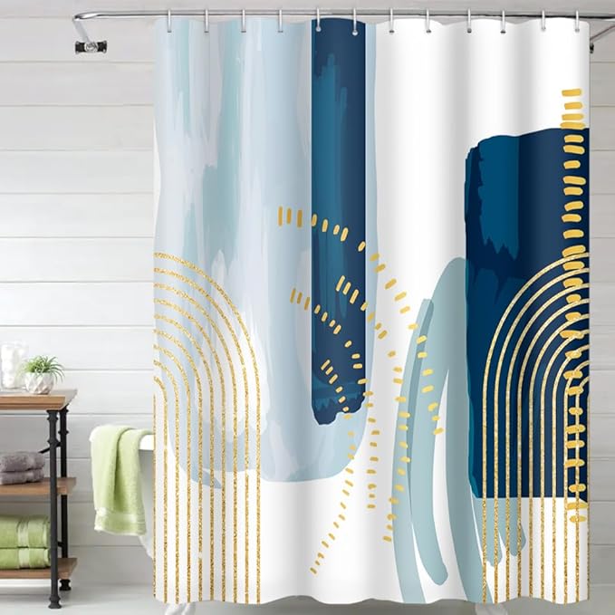 Boho Style Shower Curtain Watercolor Darkblue and Yellow Geometric Pattern Shower Curtains for Modern Abstract Bathroom Waterproof Fabric Decor Set with Hooks, 69W x 70H Inch