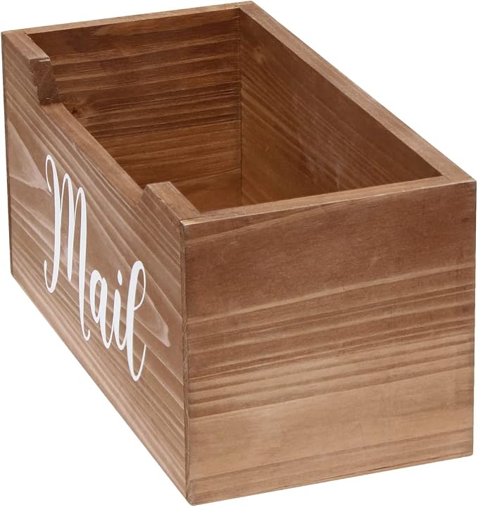 Elegant Designs HG2010-NMW Rustic Farmhouse Wooden Tabletop Decorative Script Word Mail Organizer Box, Letter Holder Office-Accessories-and-décor, Natural Wood/White
