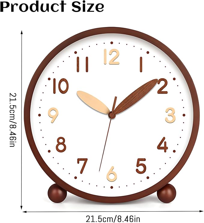 Maxspace Wooden Table Clock,8in Silent Non-Ticking Desk Clock,Battery Operated Desktop Analog Clock for Living Room Bedroom Kitchen Office Classroom Decor (Walnut - Double Wood Font)