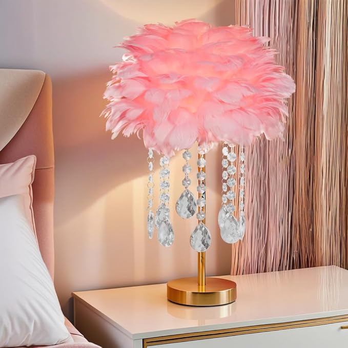 Fandian Bedside Table Feather Lamp Night Light with 3 Color Changing LED Lamp, Plug in Table Lamp for Romantic Girl Mother Bedroom Nursery Desk Decor (Pink)