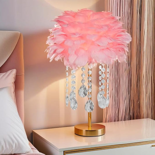 Fandian Bedside Table Feather Lamp Night Light with 3 Color Changing LED Lamp, Plug in Table Lamp for Romantic Girl Mother Bedroom Nursery Desk Decor (Pink)