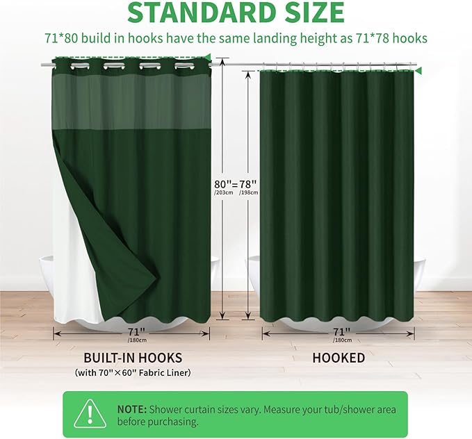 Long No Hooks Needed Linen Textured Shower Curtain with Snap-in Fabric Liner Set,Hotel Luxury Decor Shower Curtains for Bathroom,Waterproof & Washable,71Wx80H,Emerald Green