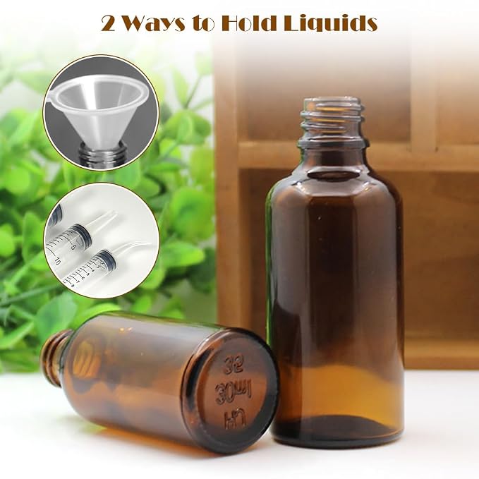 6Pcs Amber Glass Essential Oil Bottles with Orifice Reducer and Black Cap Empty Cosmetic Perfume Aromatherapy Storage Container Vial Pots Portable Refillable size 20ml/0.67oz