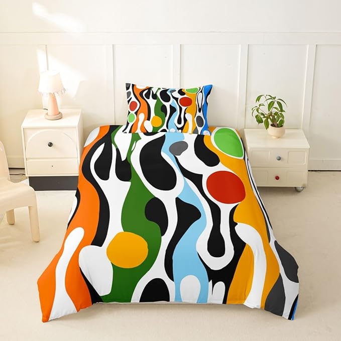 Erosebridal Organic Geometric Duvet Cover Set Modern Abstract Girl Toddler Bedding Set for Young Boys Retro Mid Century Comforter Cover Modern Fluid Art Irregular Circles Bed Sets,Multicolor Rainbow
