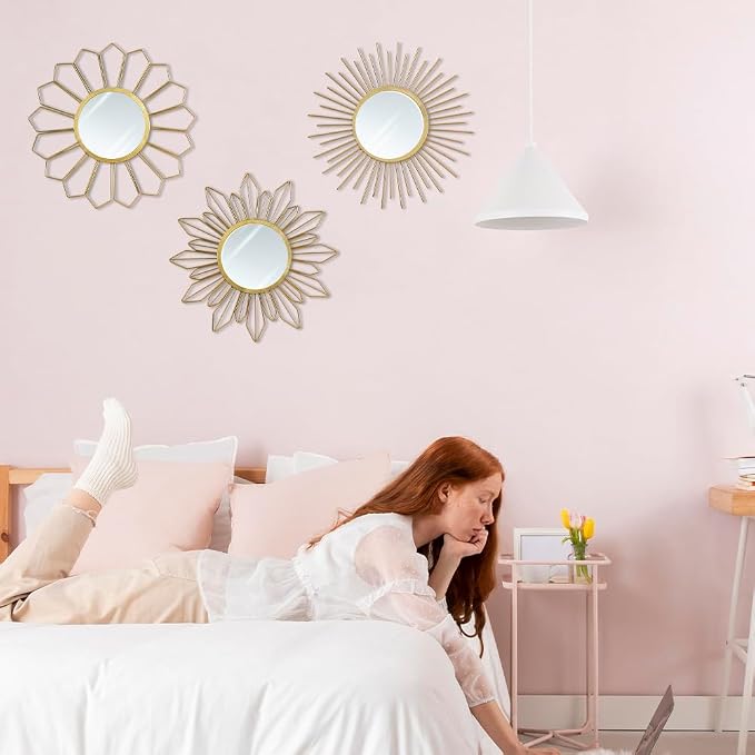 hogardeck Metal Mirrors Wall Decor - 3 Pcs 11" Metal Sunburst Flower Wall Mirrors Home Décor, Decorative Hanging Wall Art for Living Room, Bedroom, Kitchen, Bathroom, Entryway