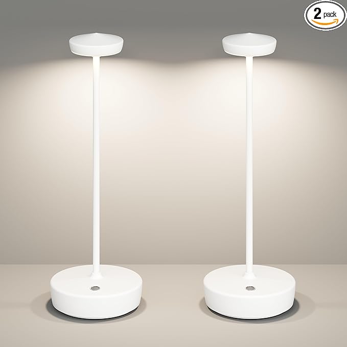 LED Cordless Table Lamp,Rechargeable Battery Operated 3 Levels Brightness with Memory Function IP54 Waterproof Portable Lights for Outdoor Patio,Travel,Cafe,Restaurant(2P White)