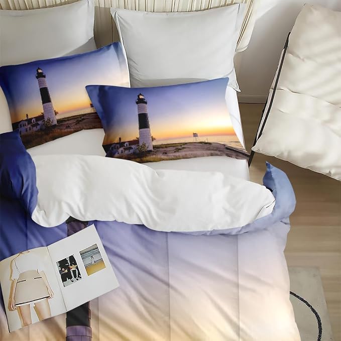 Comforter Set with Pillowcase Twin Size, Coastal Lighthouse Michigan Beach Lake, Bed Decor Sea Ocean House Sunset Seascape for Kids and Adults, Soft Cozy Bedroom Bedding Set
