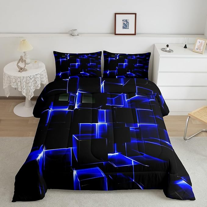 Erosebridal Abstract Comforter Set, Modern Geometric Grid Square Twin Bedding Sets, Blue Black Honeycomb Duvet Insert Soft Microfiber Polyester Bed Set for Kids Boys Bedroom