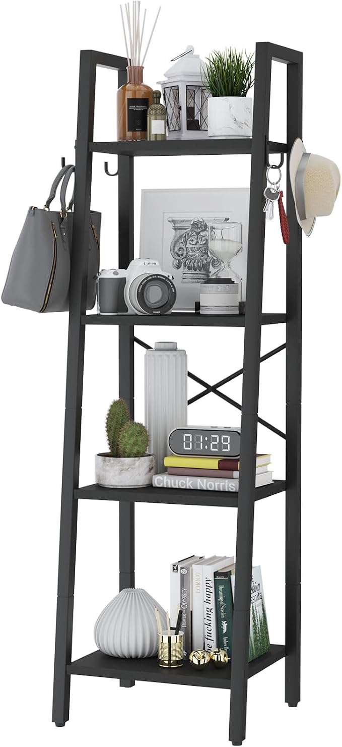 YMYNY 4 Tiers Ladder Bookcase, Industrial Narrow Bookshelf, Open Display Rack with 4 S Hooks, Metal Storage Shelves for Bedroom, Home Office, Living Room, Black, 49.2H*13.4L*11.8W, UHBC024B