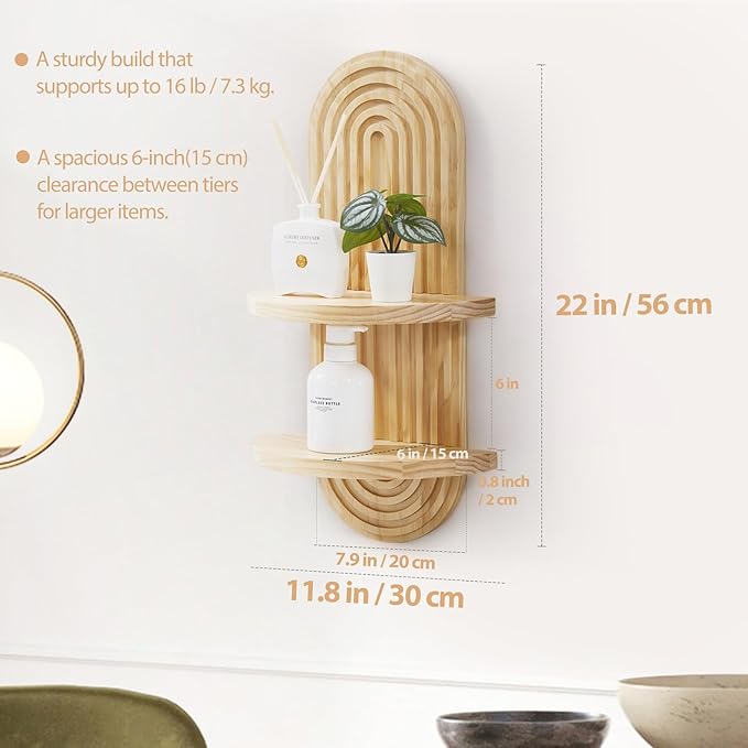 Wooden Arched Wall Shelf - Boho Decor Floating Shelves Book Display Rainbow Shelf for Home Bedroom Living Room Nursery Office 22 x 11.8 Inches Natural