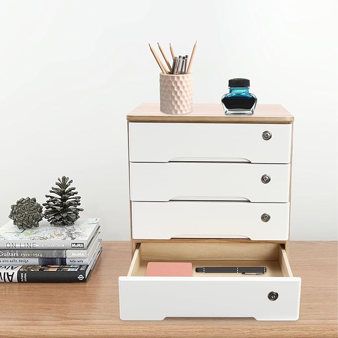Wooden Desk Organizer with Drawers & Lock Desktop Storage Cabinet Tabletop Organizing Unit for Home Office Supplies File Stationery Jewelry (Light Brown, 4 Tiers)