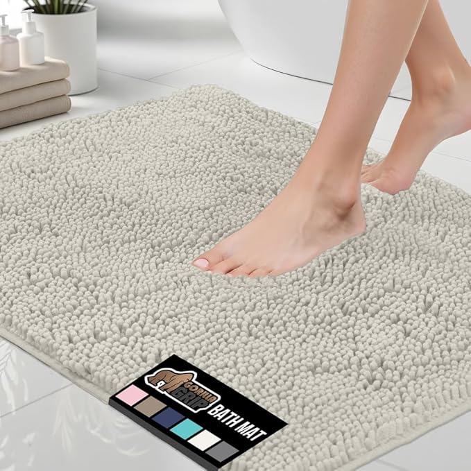 GORILLA GRIP Bath Rug Mat, Thick Soft Absorbent Chenille, Quick Dry Microfiber Mats, Rubber Backing Washable Shower Floor Rugs, US Designed Bathroom Bathmat Home Decor 24x17, Dusty Cloud