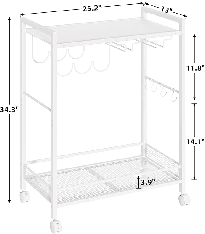 Bar Cart, Home Bar Serving Cart with 2-Tier Shelf,Rolling Beverage Cart with Wheels,Mobile Kitchen Shelf,Modern Wine Drink Cart with Wine Rack and Glass Holder for Kitchen,Dinning Room,White