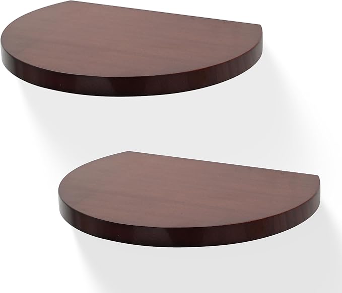 Small Wood Floating Shelves (2-Pack, 8-inch Diameter) - Round Sturdy Invisible Wall Mount Display for Small Plants,Toys,Bathroom,Living Room Storage & Modern Rustic Décor (Dark Walnut)