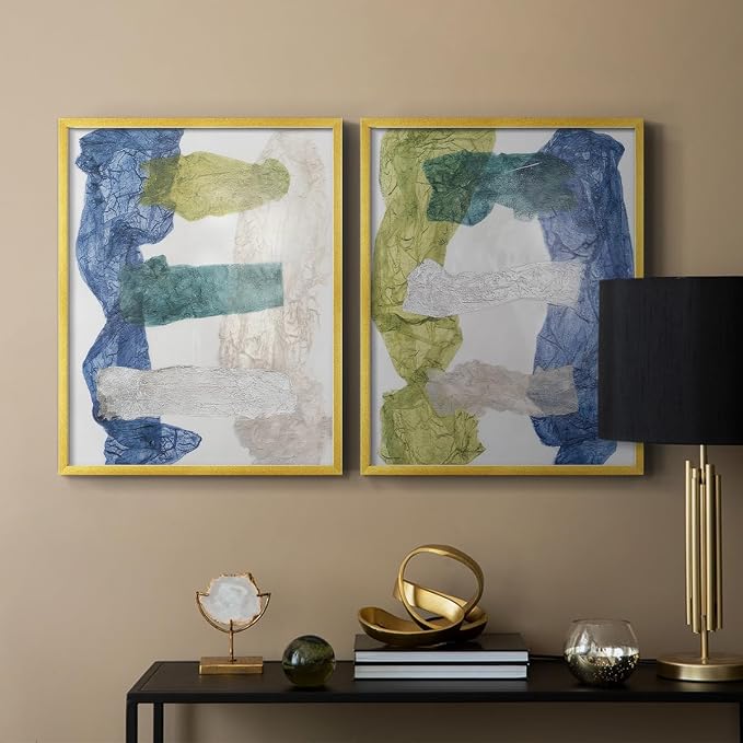 Renditions Gallery Set of 2 Peel & Stick Framed Prints, Elegant Abstract Wall Art, Dyed Cloth Texture Wall Decor, Re-Stickable - Ready to Hang - 22"x28" - GOLD Frame LT588