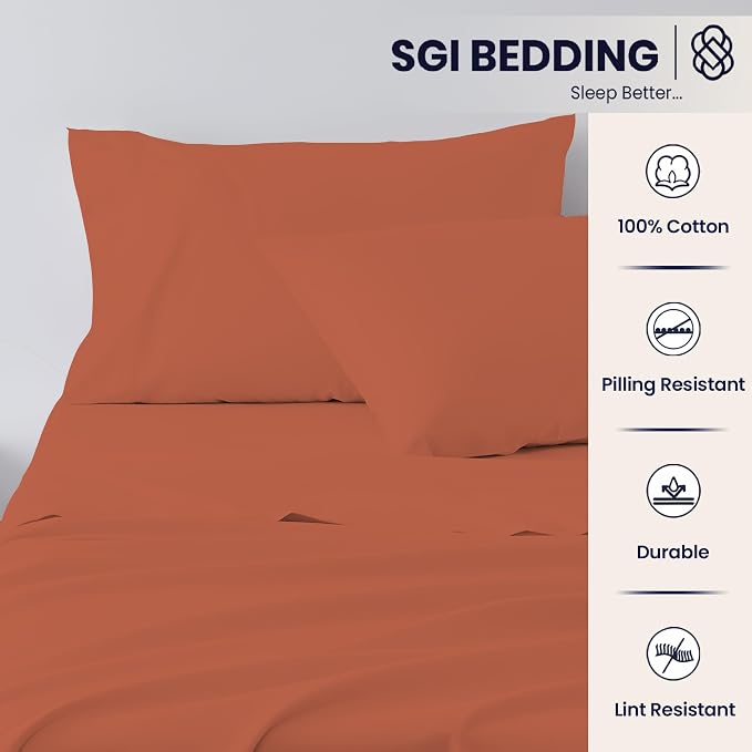 SGI Split King Sheet Set for Adjustable Bed Egyptian Premium Cotton 600 Thread Count Sheets for Sleep Number Bed 15" Deep Pocket 5 Pc Set with 2 Twin XL Fitted Sheets Soft Breathable - Terracotta