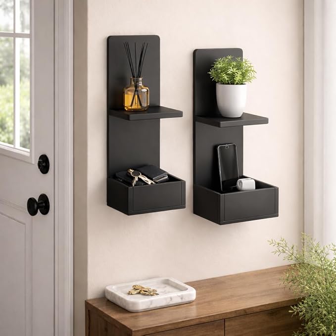 2-Tier Black Floating Wall Shelf, 20x8x6 Wall-Mounted Wooden Beside Shelf/Nightstand for Home Décor, Plants, Cosmetics, Bathroom, Kitchen, Bedroom Storage (Black with Box)