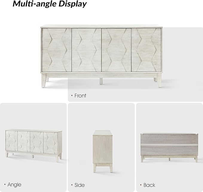 HULALA HOME Mid Century Sideboard Buffet Cabinet with Solid Wood Legs, 60" Kitchen Storage Cabinet Credenza with 4 Doors and 2 Shelves, Accent Console Table, White