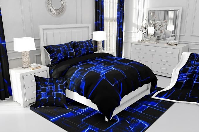 Erosebridal Honeycomb Blue and Black Kids Comforter Set, Modern Geometric Square Bedding for Boys Girls Gradient Neon Light Abstract Duvet Set King 3 Pieces