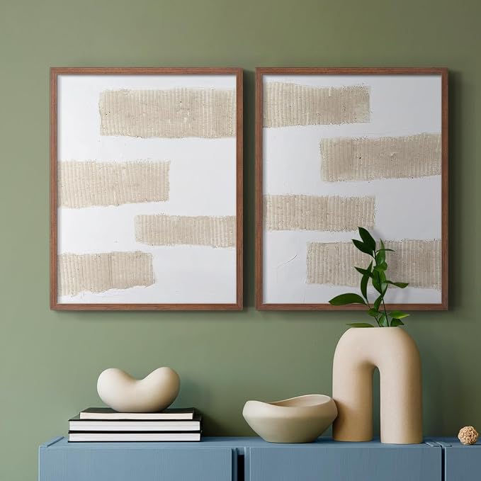 Renditions Gallery Set of 2 Peel & Stick Framed Prints, Modern Abstract Wall Art, Textured Brush Strokes Wall Decor, Re-Stickable - Ready to Hang - 8"x10" - Walnut Frame LT588