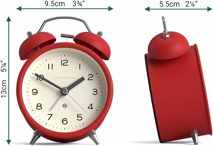 NEWGATE® Charlie Bell Echo Alarm Clock | Modern take on Classic Twin Bell Clock | Red | Easy to Read Numbers | Ideal for Bedside, Desk or Shelf | Modern Retro Bedroom & Office Accessory