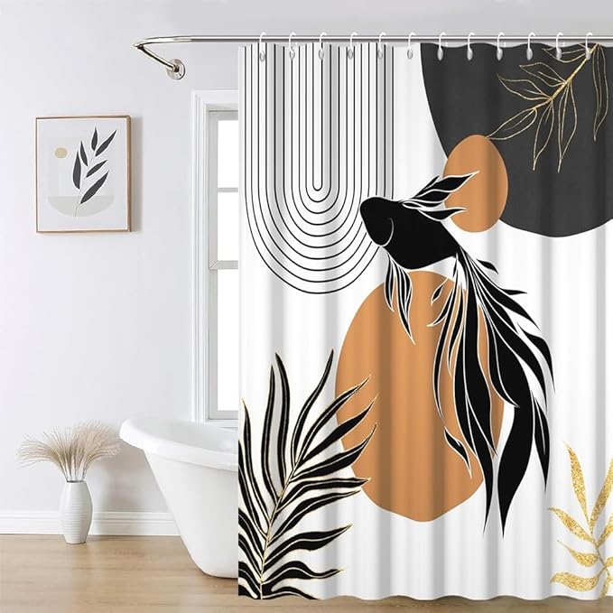 Boho Abstract Goldfish Shower Curtain Modern Abstract Minimalist Neutral Bathroom Decor Arch Sun Black Gold Leaf Chic Aesthetic Bath Curtains Washable Waterproof Polyester Fabric with Hooks 72x78 Inch