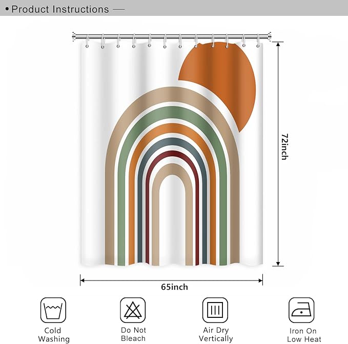 Mid Century Bohemian Shower Curtain - Colorful Stripes Arch Orange Sun Boho Design With Hooks, Waterproof Fabric Polyester, Aesthetics Home Decor, 65x72 Inch