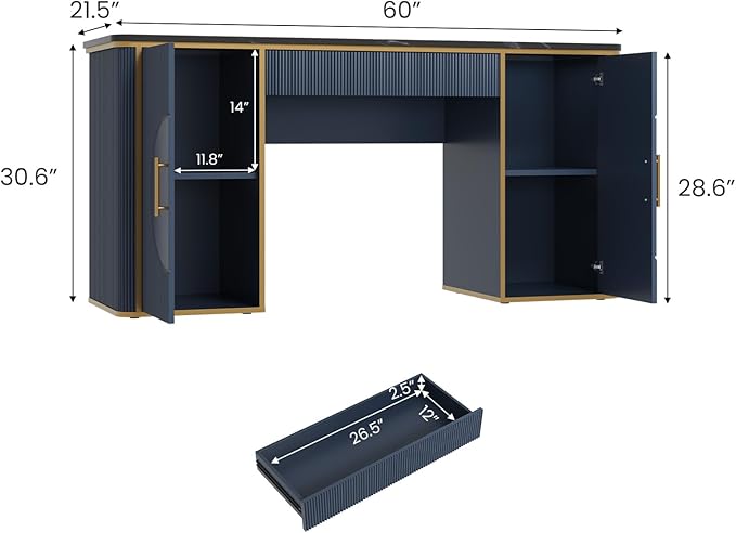 60" Fluted Computer Desk, Wooden Long Home Office Writing Desk with Drawer & Storage Cabinet, Modern Writing Table with Charging Station, High Executive Desk for Office，Bedroom, Navy Blue