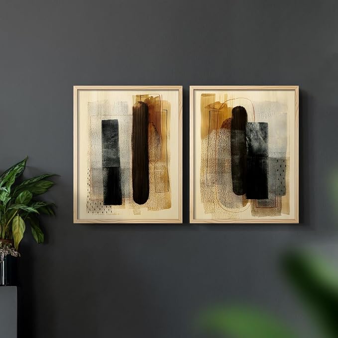 Renditions Gallery Set of 2 Peel & Stick Framed Prints, Pattern Abstract Wall Art, Burnt Toast Pattern Wall Decor, Re-Stickable - Ready to Hang - 8"x10" - NATURAL WOOD Frame LT588