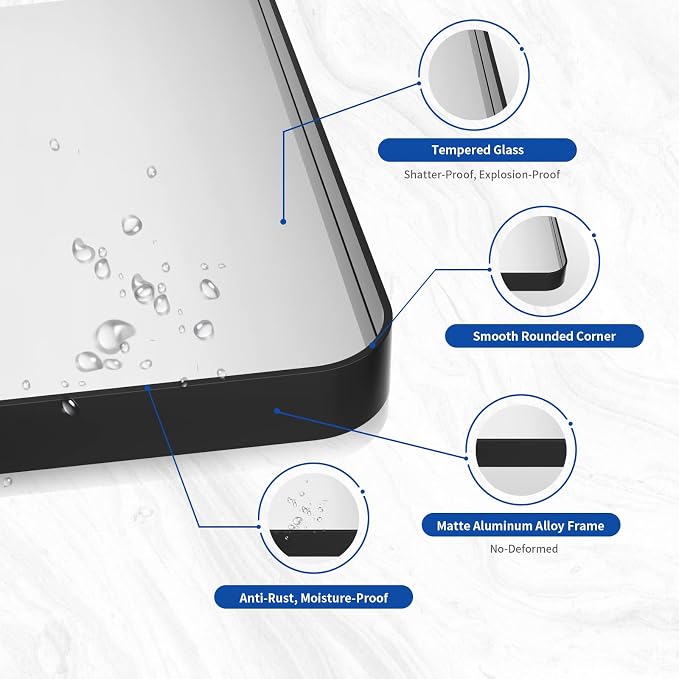 WEER Black Bathroom Mirror 48X32 Inch, Rectangular Black Metal Framed Mirror for Wall, Matte Black Vanity Mirror with Tempered Glass, Anti-Rust, Shatterproof, Hangs Horizontal or Vertical