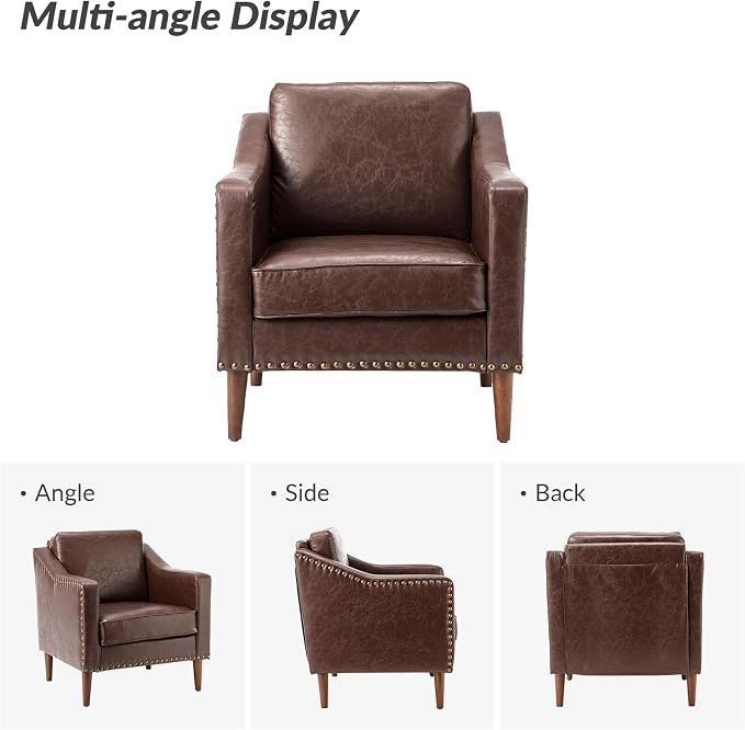HULALA HOME Faux Leather Accent Armchair with Back & Seat Cushions, Traditional Club Chair with Nailhead Trim, Comfy Upholstered Sofa Chair for Living Room Bedroom, Brown
