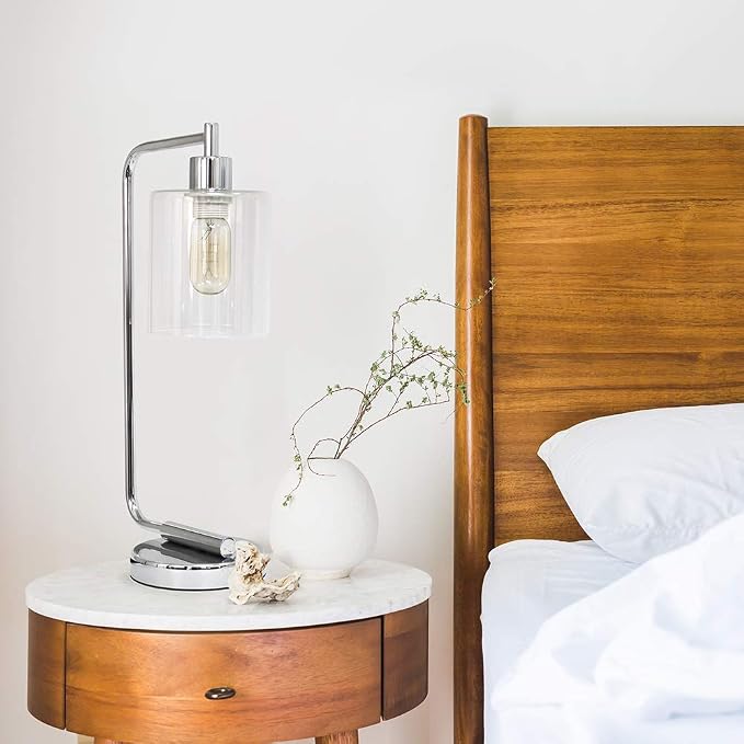 Simple Designs LD1036-CHR Bronson Antique Style Industrial Iron Lantern Desk Bedside Glass Shade Table Lamp, Chrome