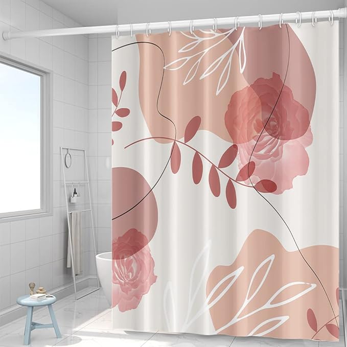 Pink Boho Shower Curtain 72Wx96H Blossom Floral Abstract Geometric Lines Shower Curtains Modern Minimalist Aesthetic Art Fabric Waterproof for Woman Girls Bathroom Decor 12 Plastic Hooks