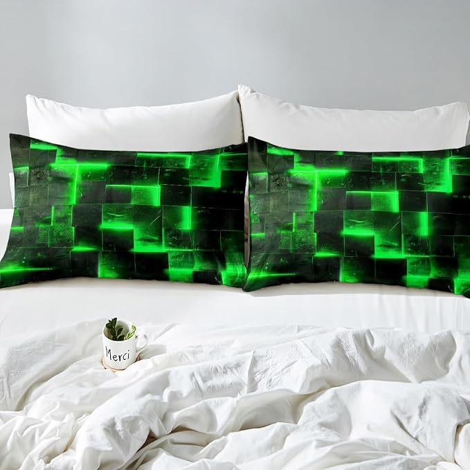 Black Green Abstract Comforter Cover Gradient Square Bed Set, Grid Full Duvet Cover Neon Checkered Bedding Set Full Glowing Plaid Bedspread Cover 3D Modern Room Decor 3pcs (Black Reversible)