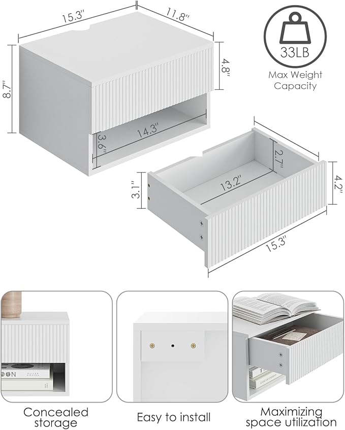Modern Small Nightstand with Drawer, Floating Shelves for Bedroom, Bathroom (White Stripe)