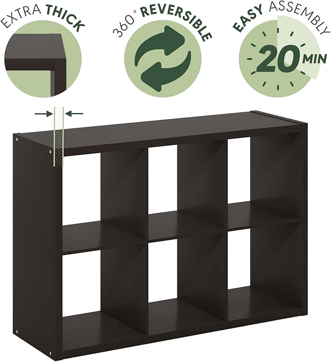 Furinno Cubicle Book Shelf, 6-Cube Bookshelf, Extra Thick Frame Horizontally & Vertically Reversible Bookcase with Open Back, 14.6" x 44" x 30", for Living Room, Bedroom, Home Office, Black Dark Oak