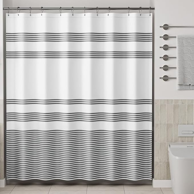 AmazerBath Long Shower Curtain, 72x78 Striped Black Fabric Shower Curtain Set with 12 Shower Curtain Hooks, Rustic Cloth Black and White Shower Curtain, Farmhouse Bathroom Shower Curtain Sets
