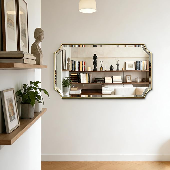 POZINO Brushed Gold Beveled Mirror, 24"x40" Modern Brass Bathroom Mirrors in Stainless Steel Frame, Rounded Rectangle Mirror for Vanity Bathroom Bedroom Living Room Fireplace Entryway