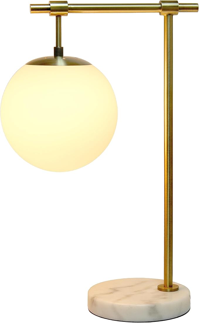 Elegant Designs LT2115-ABS 21" Mid Century Modern White Glass Globe Shade Table Desk Lamp with Antique Brass Arm and Marble Base for Study, Living Room, Bedroom, Entryway, Antique Brass