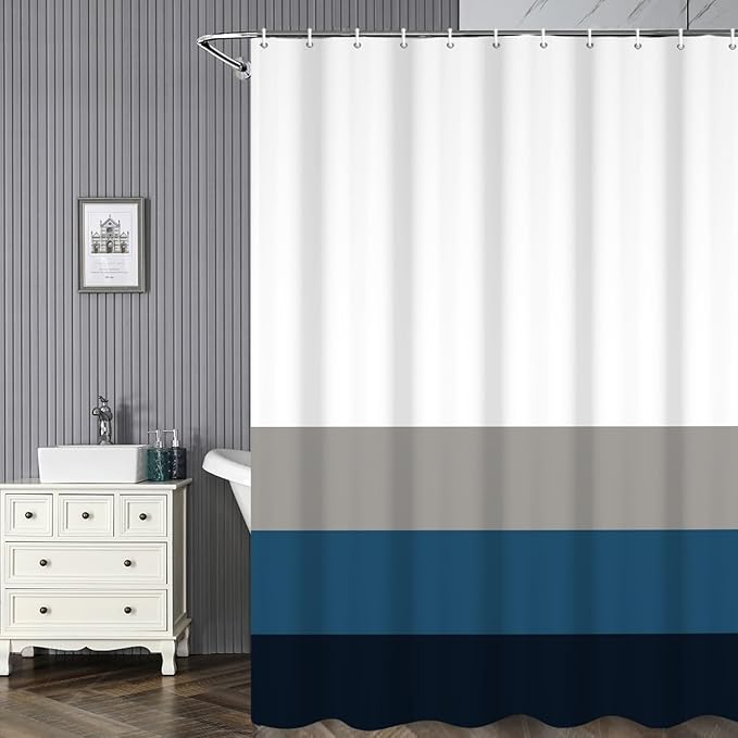 Stripes Fabric Bathroom Shower Curtain Modern Aesthetics Minimalist with Hooks Polyester Waterproof Blue Grey Abstract Lines Pattern, 48x72 Inch