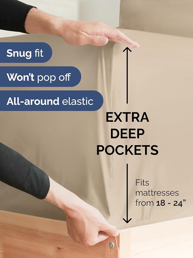 Extra Deep Split King Sheet Set - 7 Piece Breathable and Cooling Sheets - Hotel Luxury Bedding for Women, Men, Kids & Teens - Easy Secure Fit - Soft, Wrinkle Free & Comfy - Extra Deep Pockets - Cream