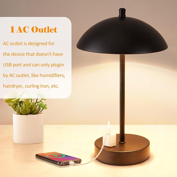 Modern LED Desk Lamp with AC Adapter, 12" 3-Way Dimmable Touch Bedside Reading Lamp, Minimalist Black Small Nightstand Table Lamp with Mushroom Dome Shade for Bedroom Living Room Office, Bulb Included