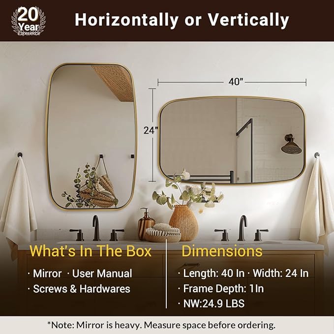 ANDY STAR Brushed Gold Oval Bathroom Mirror, 24x40 Inch Brass Oblong Mirrors for Wall, Modern Vanity Mirror in Stainless Steel Metal Tube Frame, Wall Mount Horizontal or Vertical