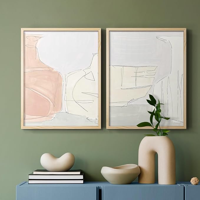 Renditions Gallery Set of 2 Peel & Stick Framed Prints, Neutral Abstract Wall Art, Soft Tones Delicate Linework Wall Decor, Re-Stickable - Ready to Hang - 8"x10" - NATURAL WOOD Frame LT588
