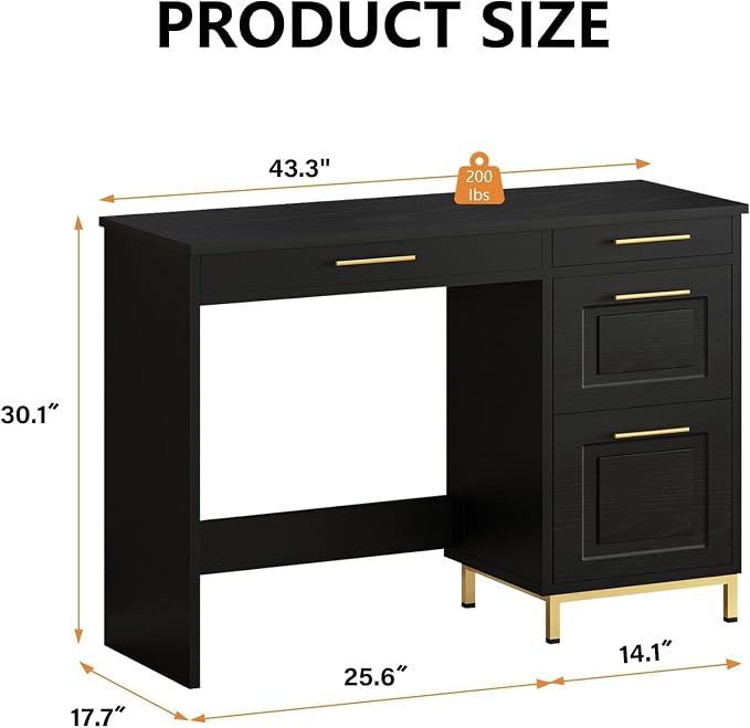 4 EVER WINNER Black Desk with Drawers, Modern Home Office Desks with Golden Handles and Drawers, Computer Table for Small Spaces, Black and Gold Desk