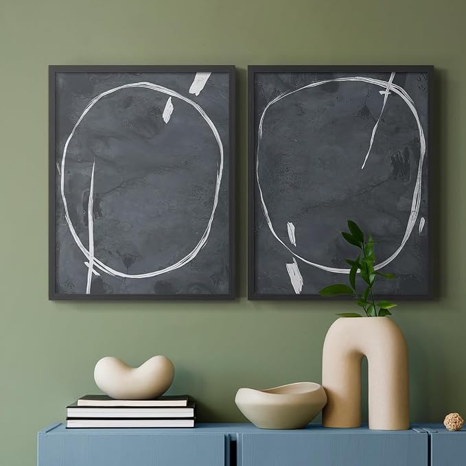 Renditions Gallery Set of 2 Peel & Stick Framed Prints, Abstract Wall Art, Circular Momentum Design Wall Decor, Re-Stickable - Ready to Hang - 11"x14" - Black Frame LT588