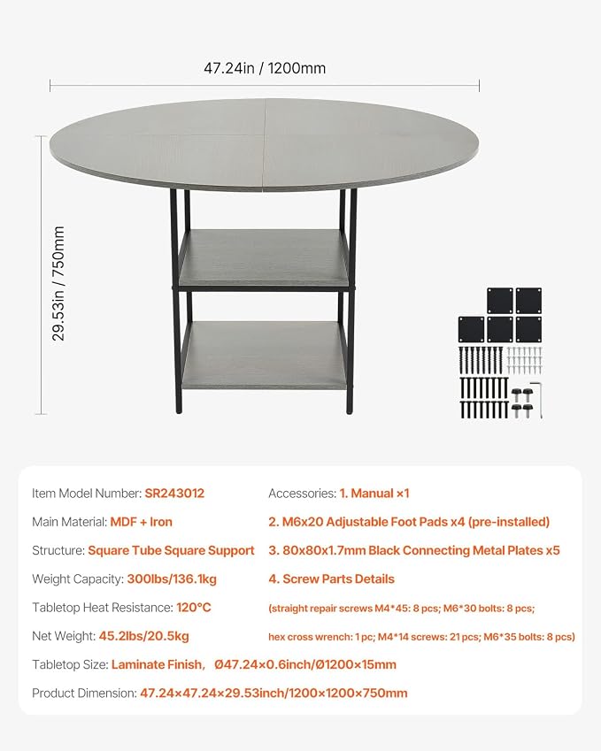 VEVOR Round Dining Table, 47 inch Wood Table for 4-6 Person, Modern Circle Dinner Furniture, Leisure Tables with Storage Shelf and Metal Legs, for Home Kitchen Living Room, Grey (Only Table)